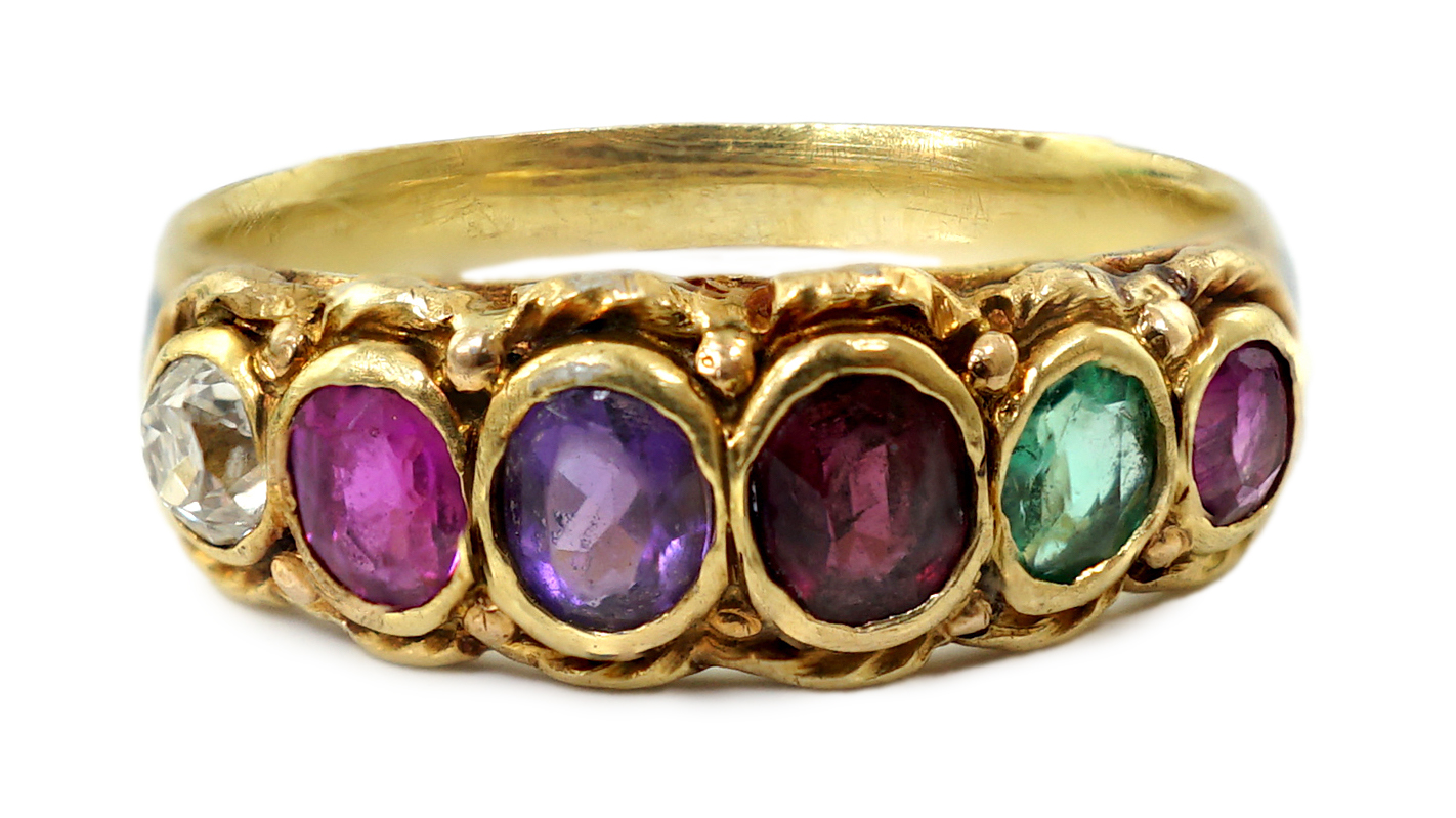 A 19th century gold, two colour enamel and graduated multi gem set 'Regard' half hoop ring